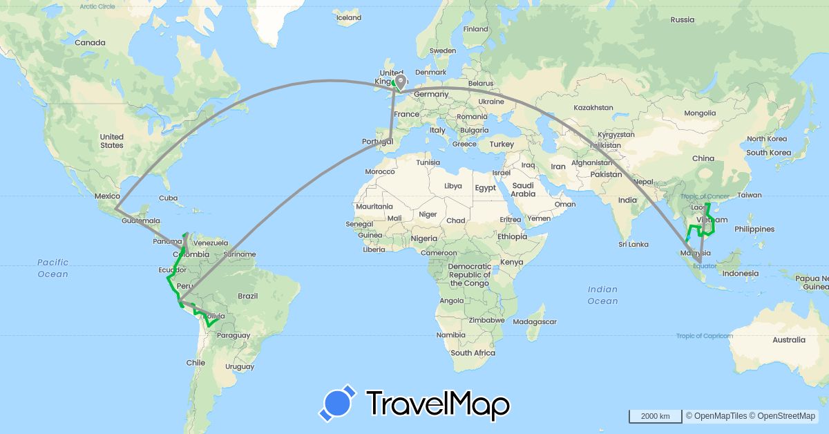 TravelMap itinerary: bus, plane, boat in Bolivia, Colombia, Ecuador, Spain, United Kingdom, Cambodia, Mexico, Malaysia, Peru, Singapore, Thailand, Vietnam (Asia, Europe, North America, South America)